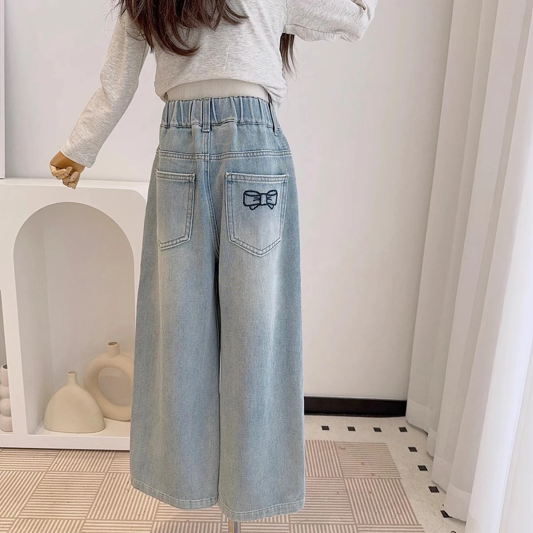 女童牛仔裤2025秋季新款韩版洋气蝴蝶结百搭牛仔裤儿童宽松直筒裤