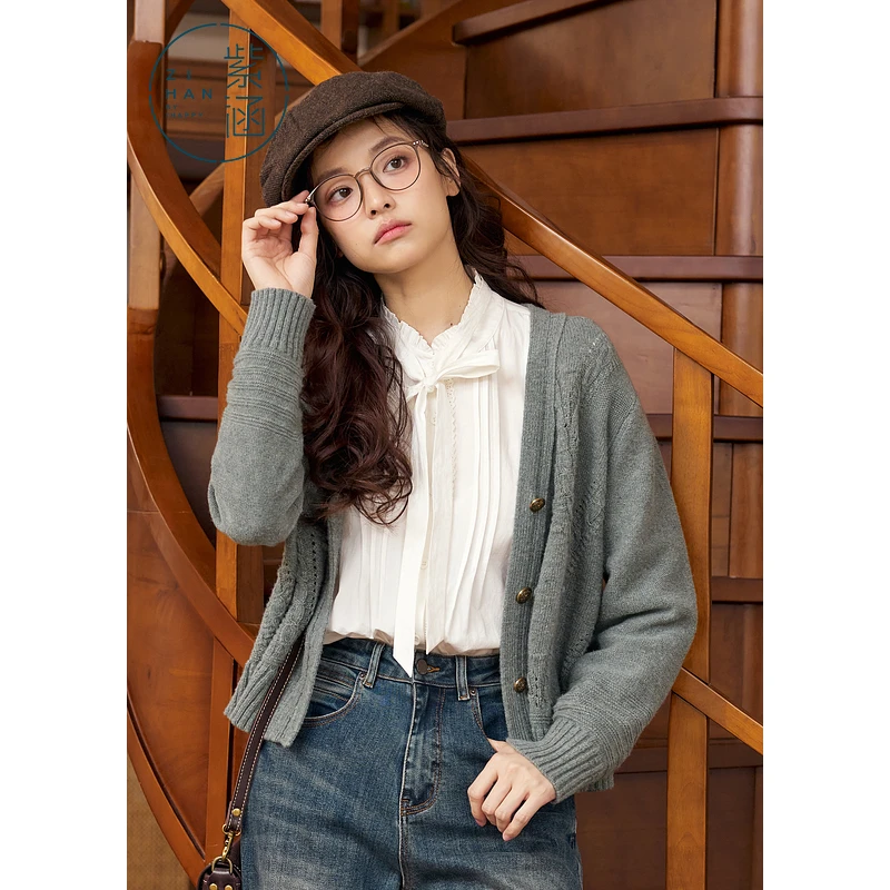 紫涵绞花V领针织开衫女秋季新款长袖毛衣外套Z4Z07BS293