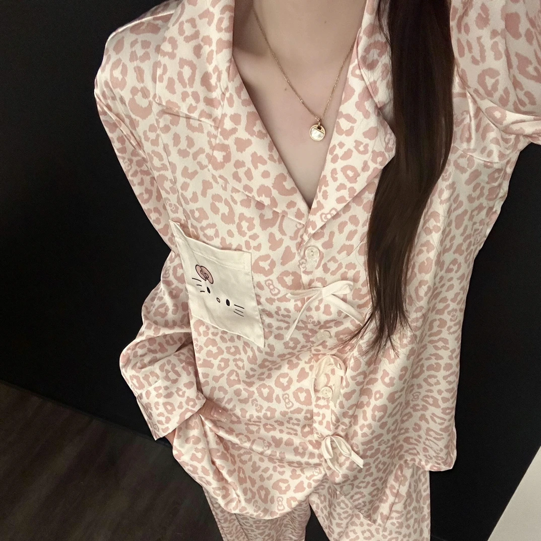 复古性感豹纹冰丝凉感睡衣女春秋甜美花边休闲宽松遮肉纯欲家居服