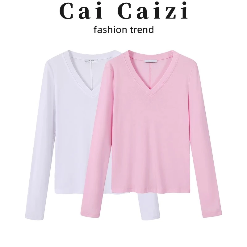韩系粉色V领正肩长袖t恤女春装2025新款修身显瘦辣妹内搭打底上衣