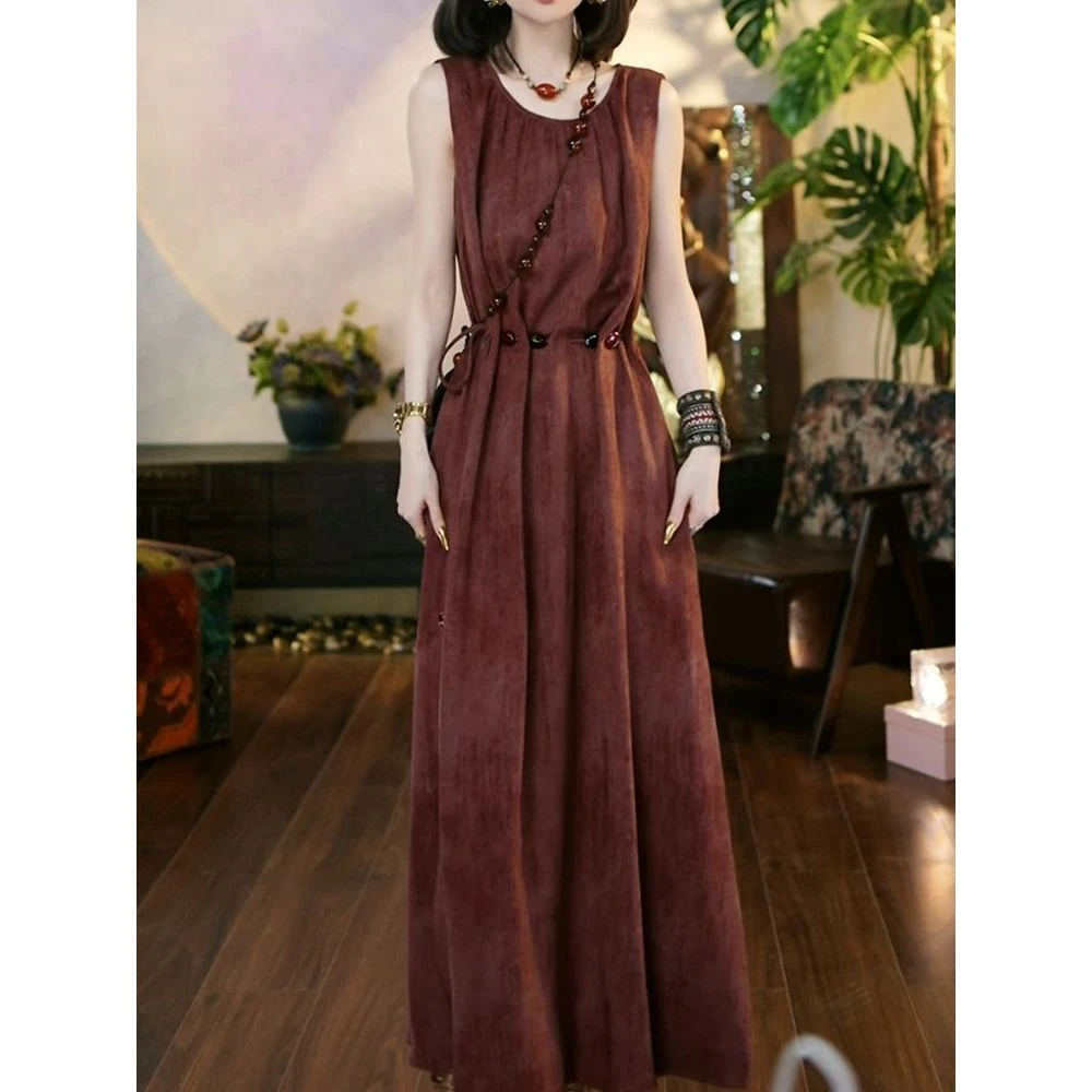 时尚极简风显瘦无袖长裙女2025夏季新款气质优雅遮肚子纯色连衣裙