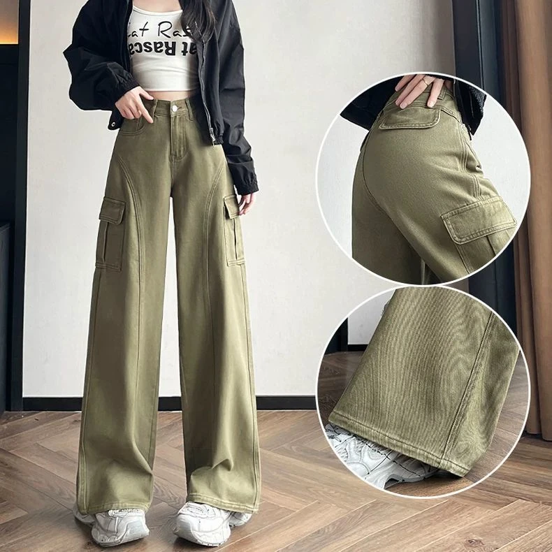 设计感工装阔腿牛仔裤女春秋新款宽松辣妹爆款高街小个子直筒裤