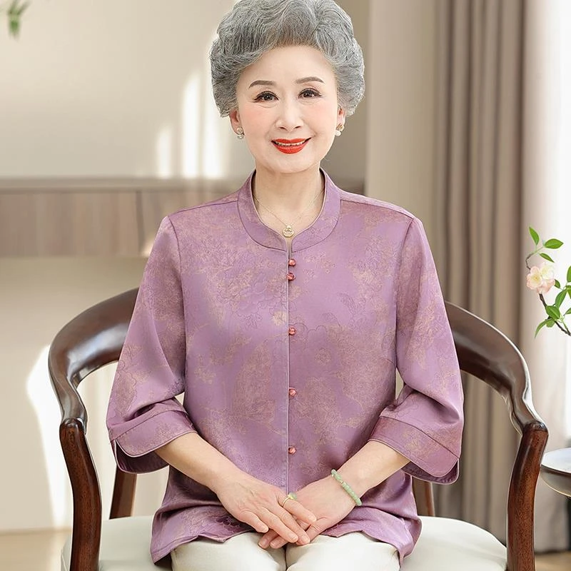 恒源祥彩羊印花中老年人奶奶夏装仿桑蚕丝衬衫女开衫两件套大码仿