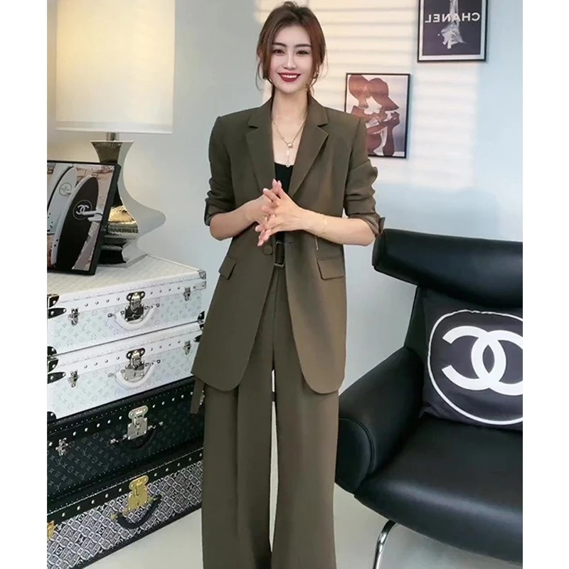 春夏新款女款宽松纯色西装套装胖高个子长袖一粒扣阔腿裤职