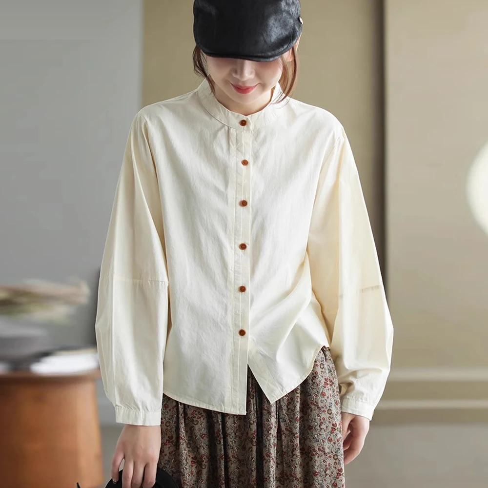 纯棉港风双门襟小立领灯笼袖拼接衬衫减龄上衣春秋新款宽松衬衣潮