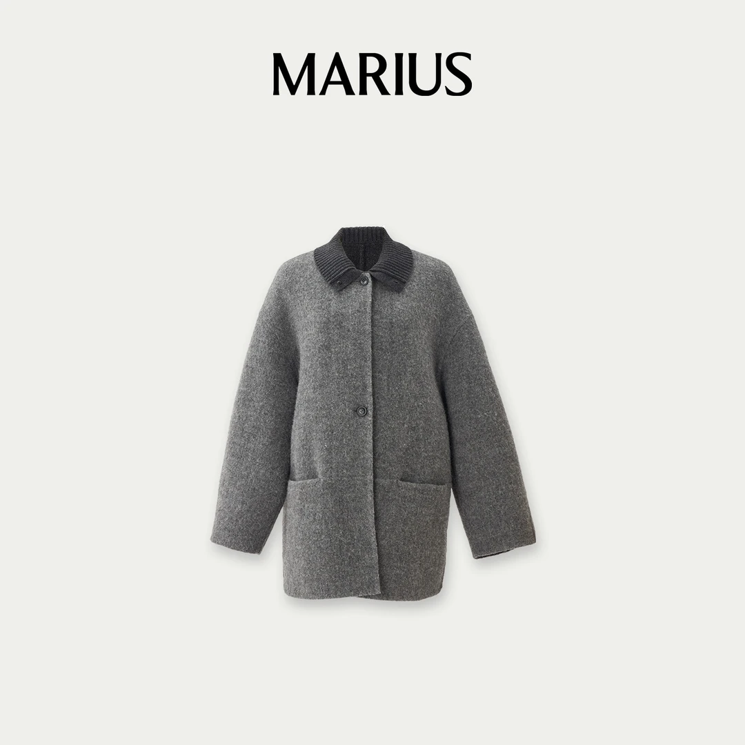 MARIUS"贝拉大衣"落肩宽松针织翻领双门襟假两件大衣