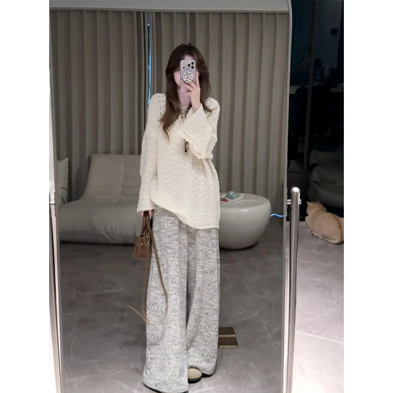 parkyeon早秋穿搭奶呼呼圆领针织毛衣女慵懒显瘦阔腿休闲裤套装