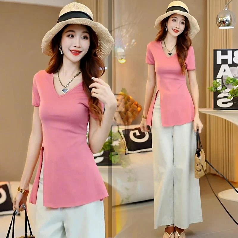 法式高级感正品短袖t恤女装2025夏季新款不规则修身显瘦开叉百搭