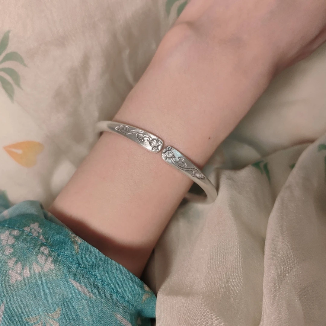 足银手镯 999古法如意银手镯复古文艺老式手工细环刻字送妈妈女友