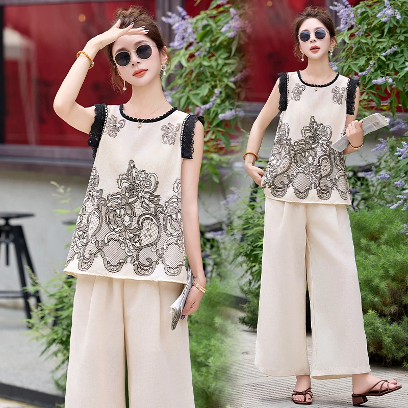 复古重工刺绣蕾丝拼接套装女2025夏季新款高级感气质阔腿裤两件套