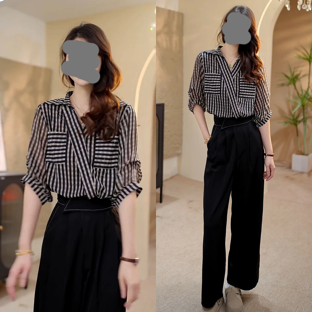 上班族通勤风女装高级感套装条纹亮钻衬衫高腰阔腿裤休闲两件套