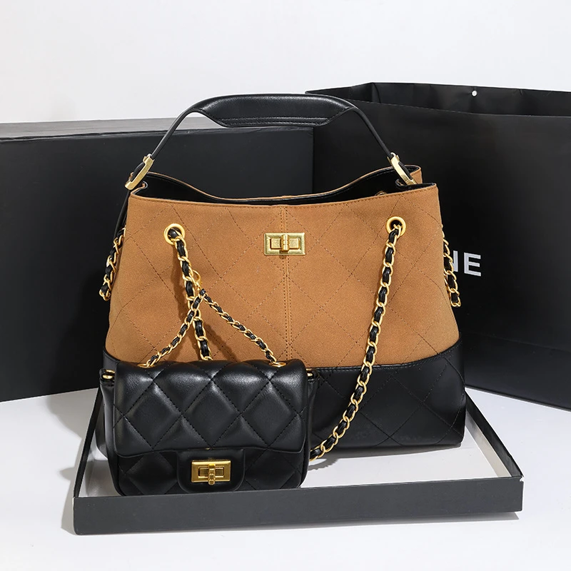 复古欧美风子母包小香风菱格链条复古流浪拼色菜蓝子单肩托特包包