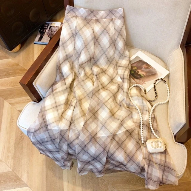 咖色高级感格纹半身裙女夏季甜美百搭小个子气质减龄辣妹长裙ins