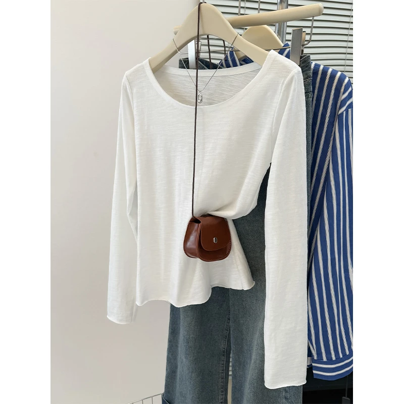 竹节棉卷边大领口白色长袖t恤女2025秋季内搭打底衫修身气质上衣