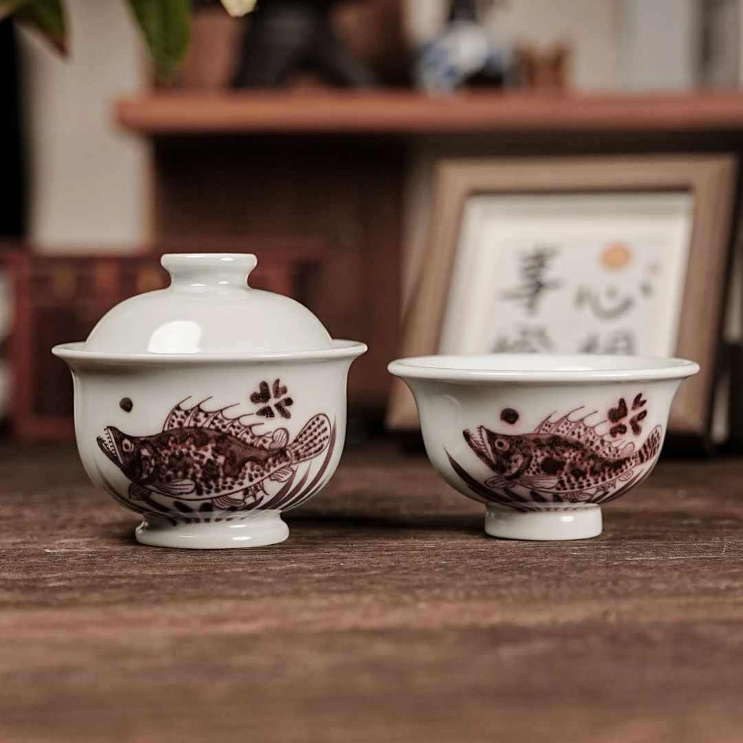 墨舍好物 预售15天釉里红鳜鱼小压手杯+盖碗 tutu100+tutu113