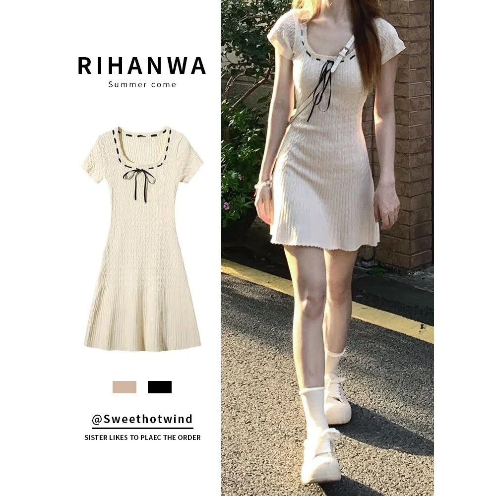 新款学院风纯欲辣妹冰丝针织绞花连衣裙小个子修身显瘦气质短裙