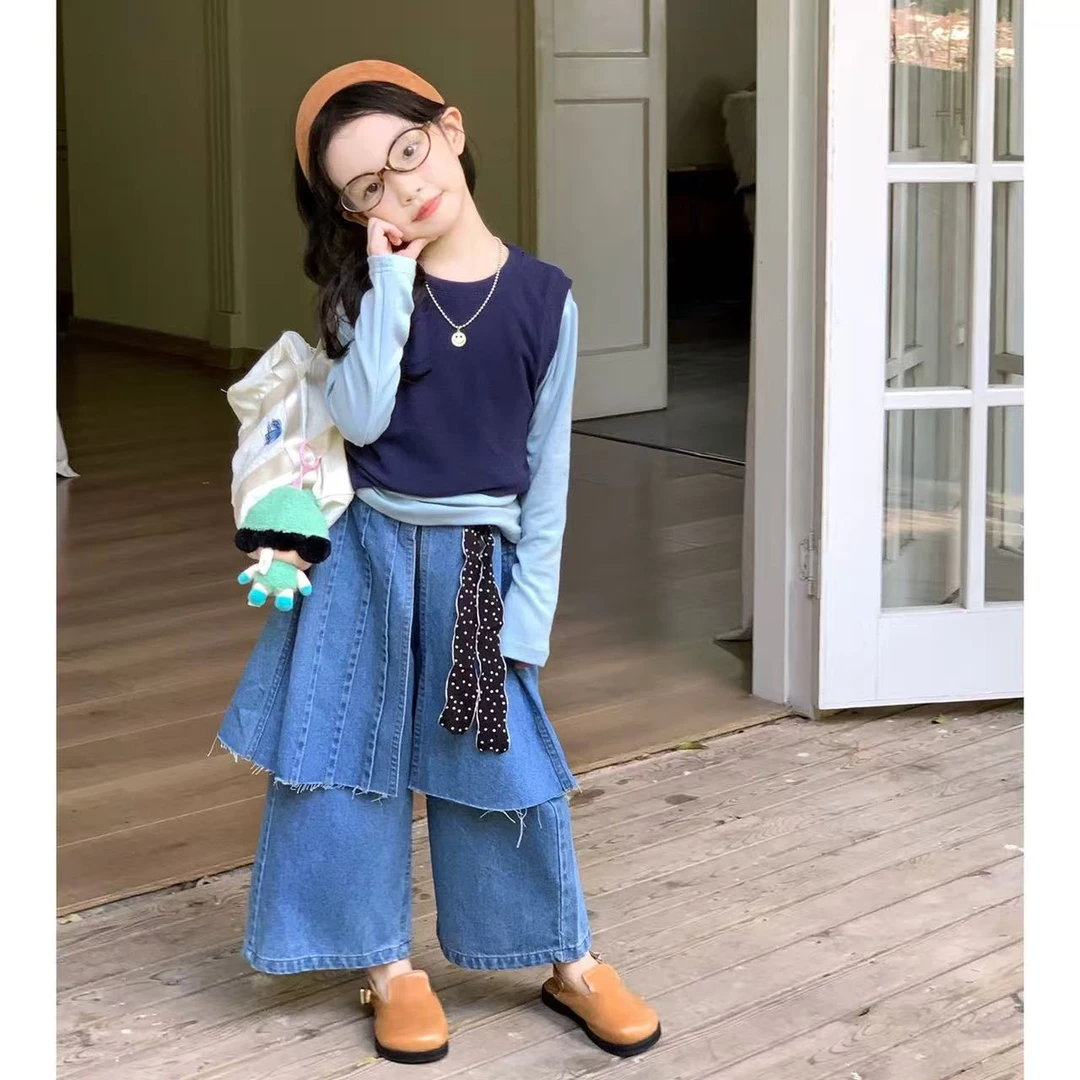 女童套装2025秋季儿童背心打底衫牛仔裙裤三件套