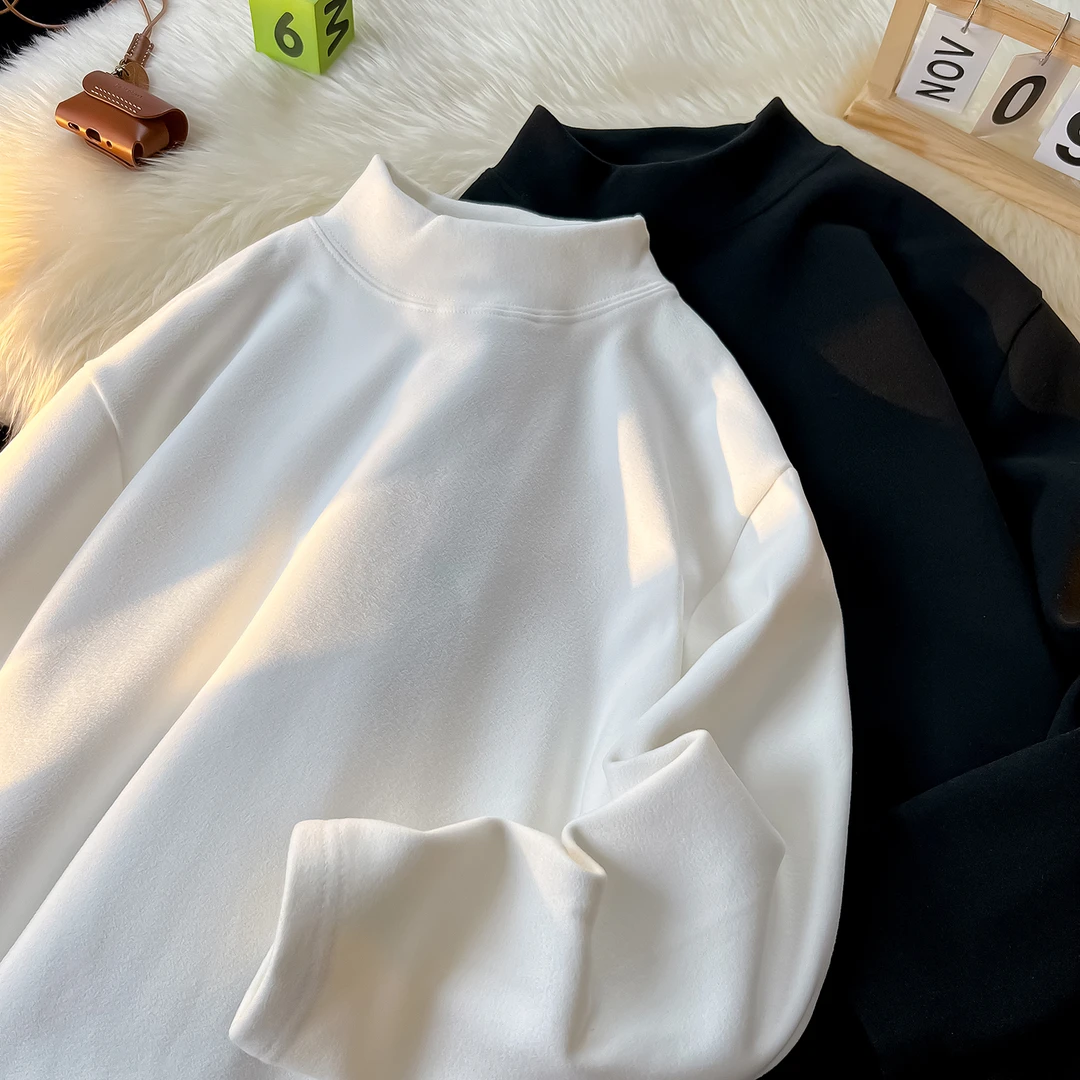 双面德绒中高领打底衫男款秋冬季美式重磅卫衣白色内搭长袖t恤男