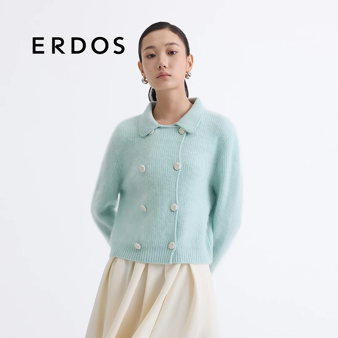 ERDOS 薄荷绿山羊绒拉绒女翻领双排扣小外套【樱花雨】25年早春新品