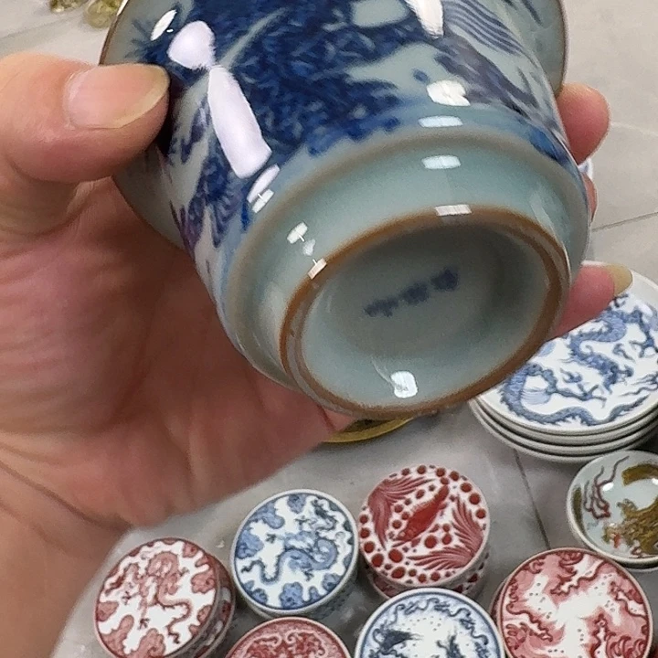 瓷片老陶泥青花鱼化龙二才马蹄盖碗