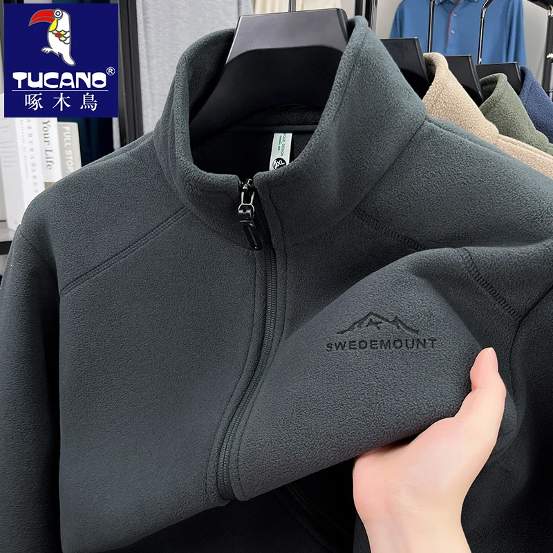 啄木鸟秋冬男士立领奥粒绒外套开衫加绒休闲拉链卫衣加厚保暖上衣