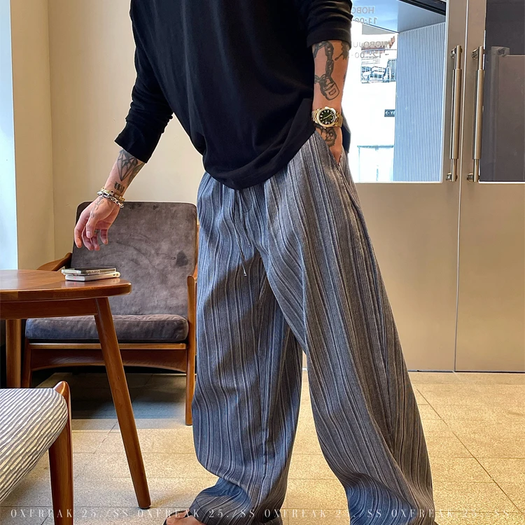 OXFREAK「肌理感 老钱风」混色条纹休闲裤男阔腿宽松廓形弯刀裤子