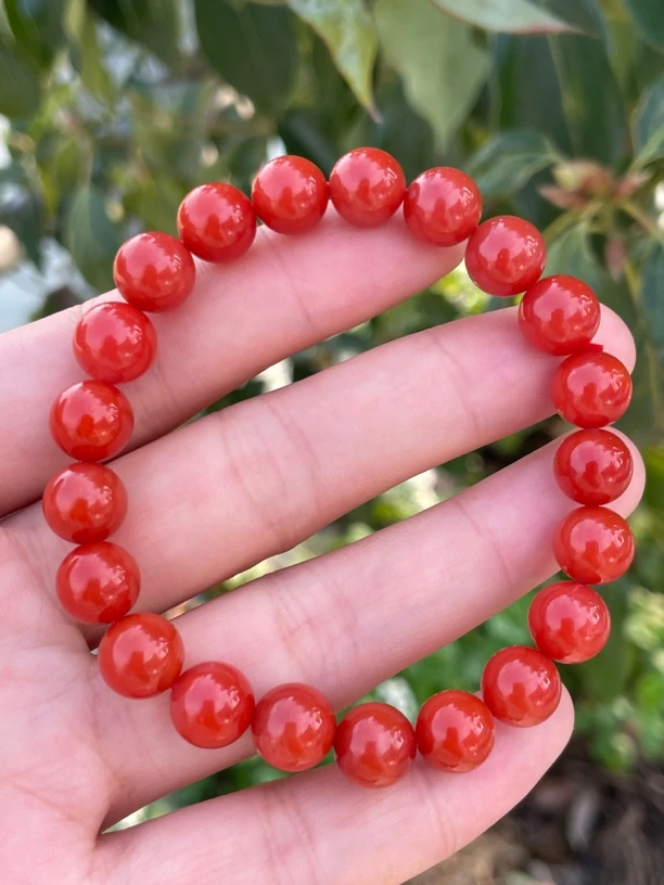 精品南红玛瑙9mm单圈手串，颜色红润，珠光宝气，干净无杂