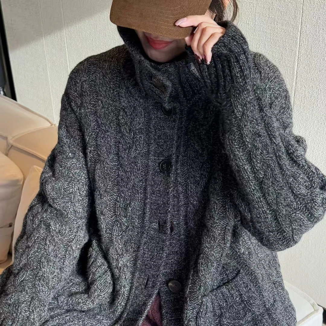 粒子纱，倒立都好看！！加厚冬款绞花针织开衫外套7129
