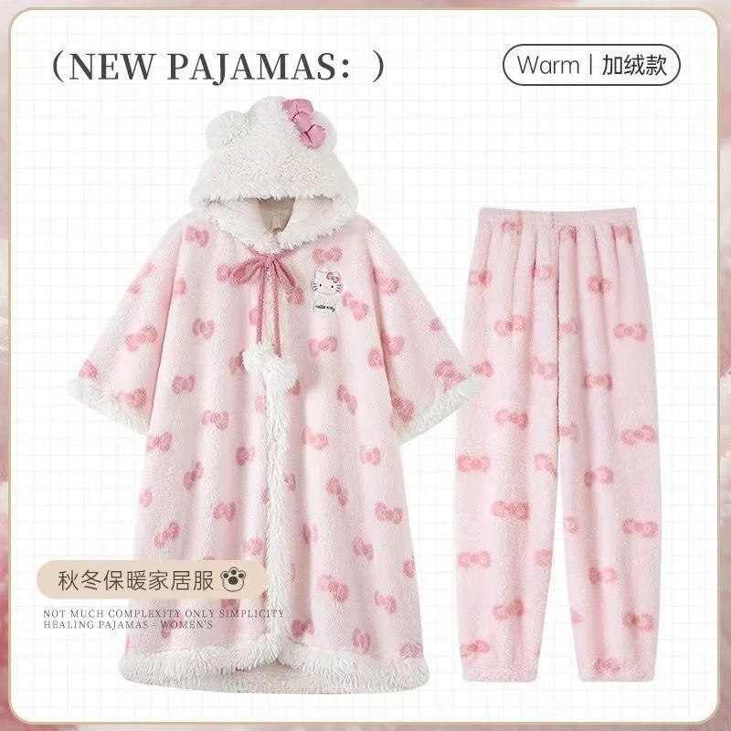 【KT猫】睡衣女秋冬加绒加厚长款睡袍睡袍珊瑚绒睡衣网红家居服外穿