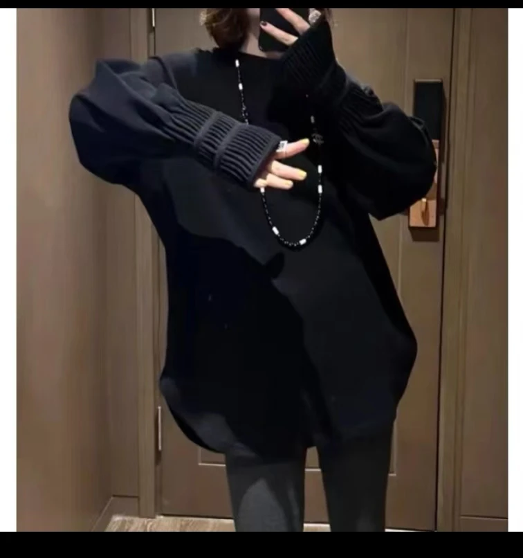 可穿90-140大版型磨毛时尚袖口收褶设计感圆领中长款T恤上衣