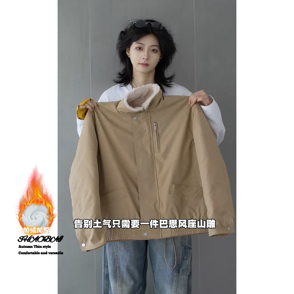 美式复古立领夹克棉服男款冬季加绒保暖工装外套重磅宽松棉衣外套