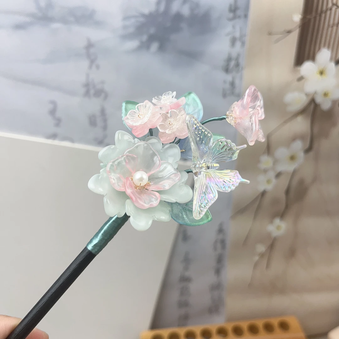 柠芳秋原创 琉璃木簪粉绿色仙女盘发簪旗袍配饰古风发簪发饰