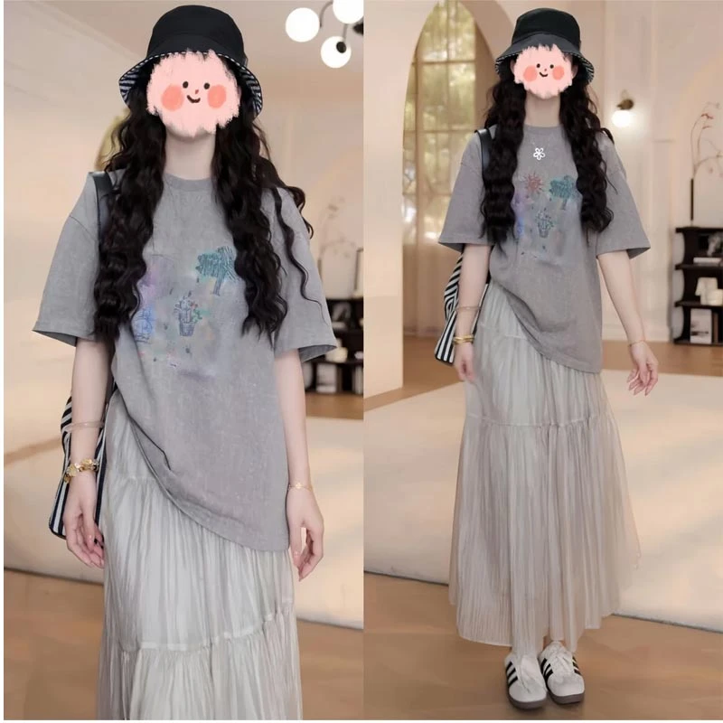 2025夏季韩式新款宽松卡通印花灰色短袖T恤百搭半身裙小众两件套