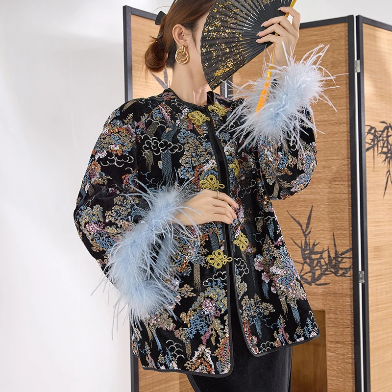 新中式新款气质盘扣上衣重工亮片刺绣鸵鸟毛袖时尚气质外套 MZ081