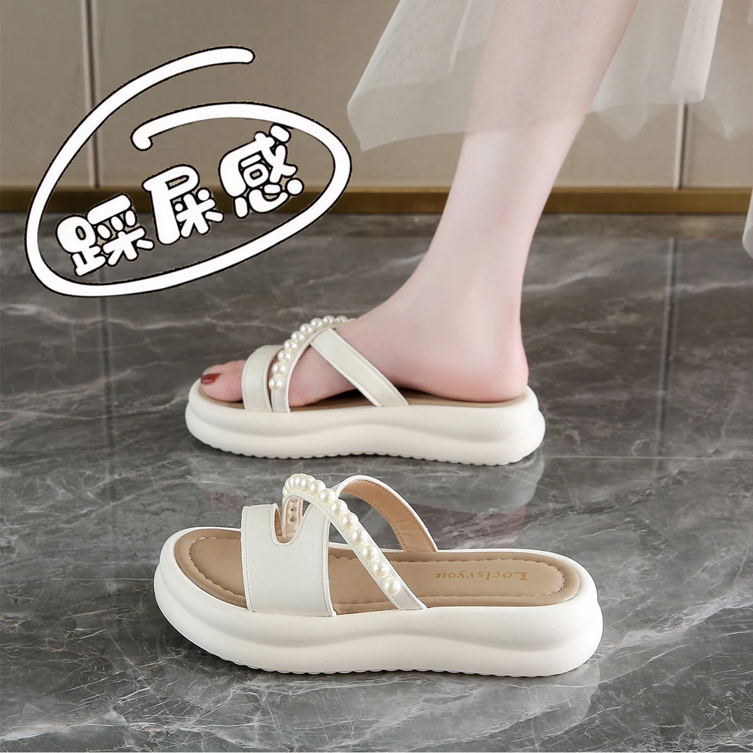 法式珍珠凉拖鞋女秋外穿2025新款仙女风配裙子罗马沙滩凉鞋女码