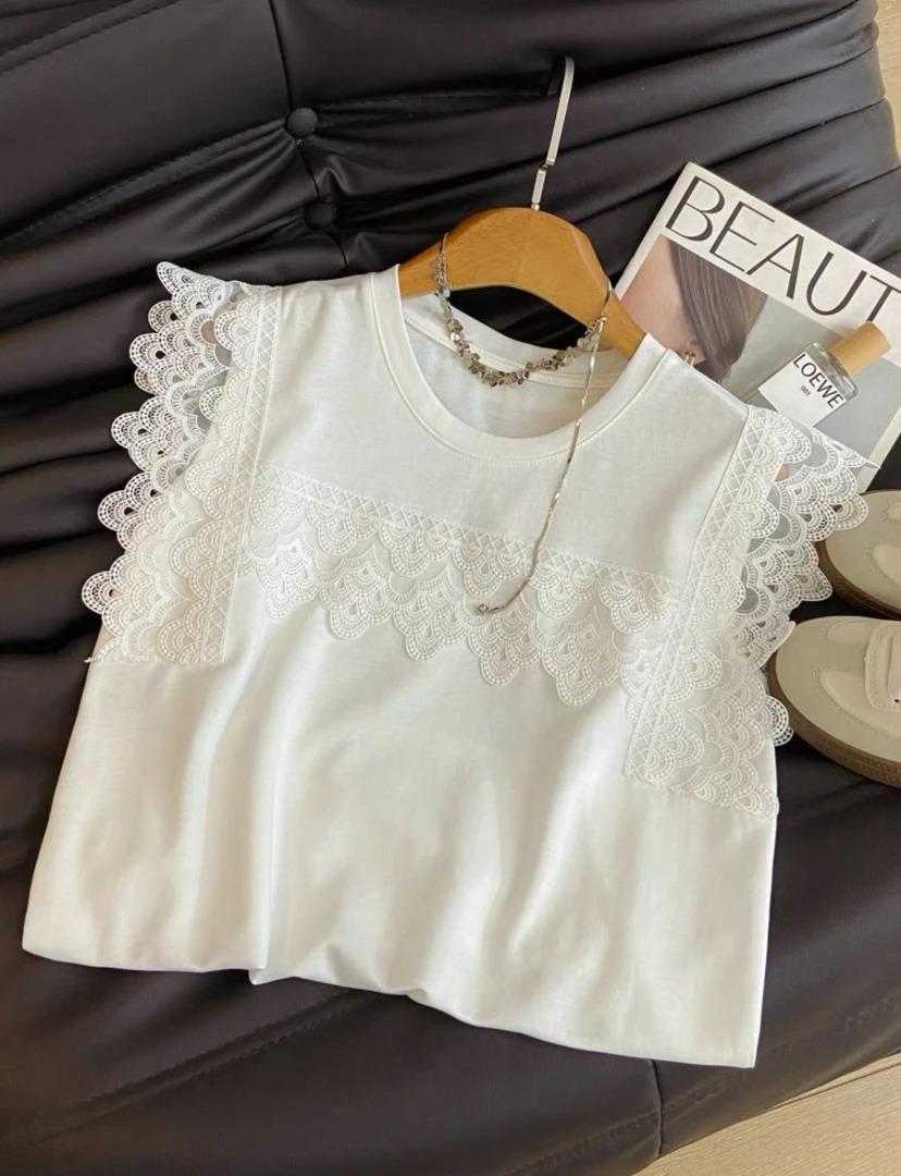 WTT-7119深圳法式蕾丝拼接高定设计师T恤