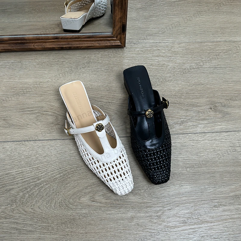 2.5cm/XW2069牛皮包头半拖鞋女外穿夏季坡跟内增高编织法式凉拖鞋