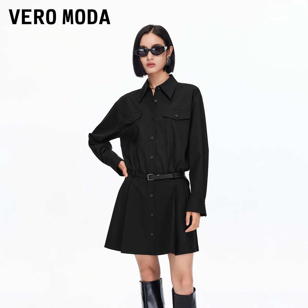 Vero Moda连衣裙2025秋腰带纯色简约长袖衬衫裙老钱风松弛感女装