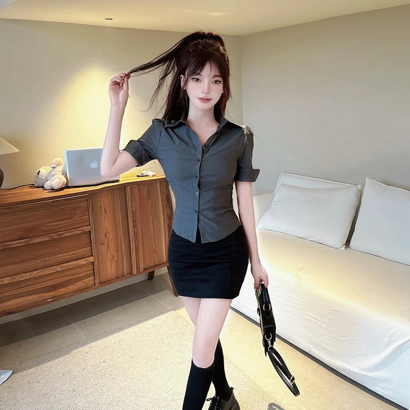 御姐气质灰色jk制服套装女春夏季新款学院风短袖衬衫包臀裙工作服