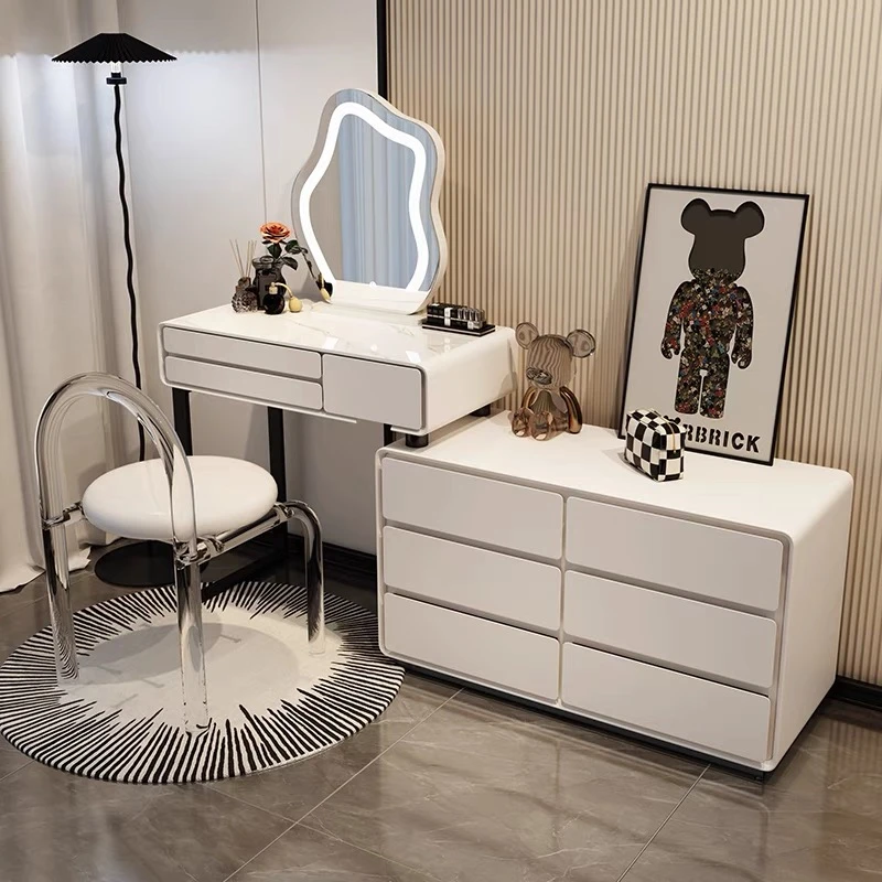 奶油风实木岩板梳妆台现代简约化妆台斗柜一体带灯可移动白化妆桌