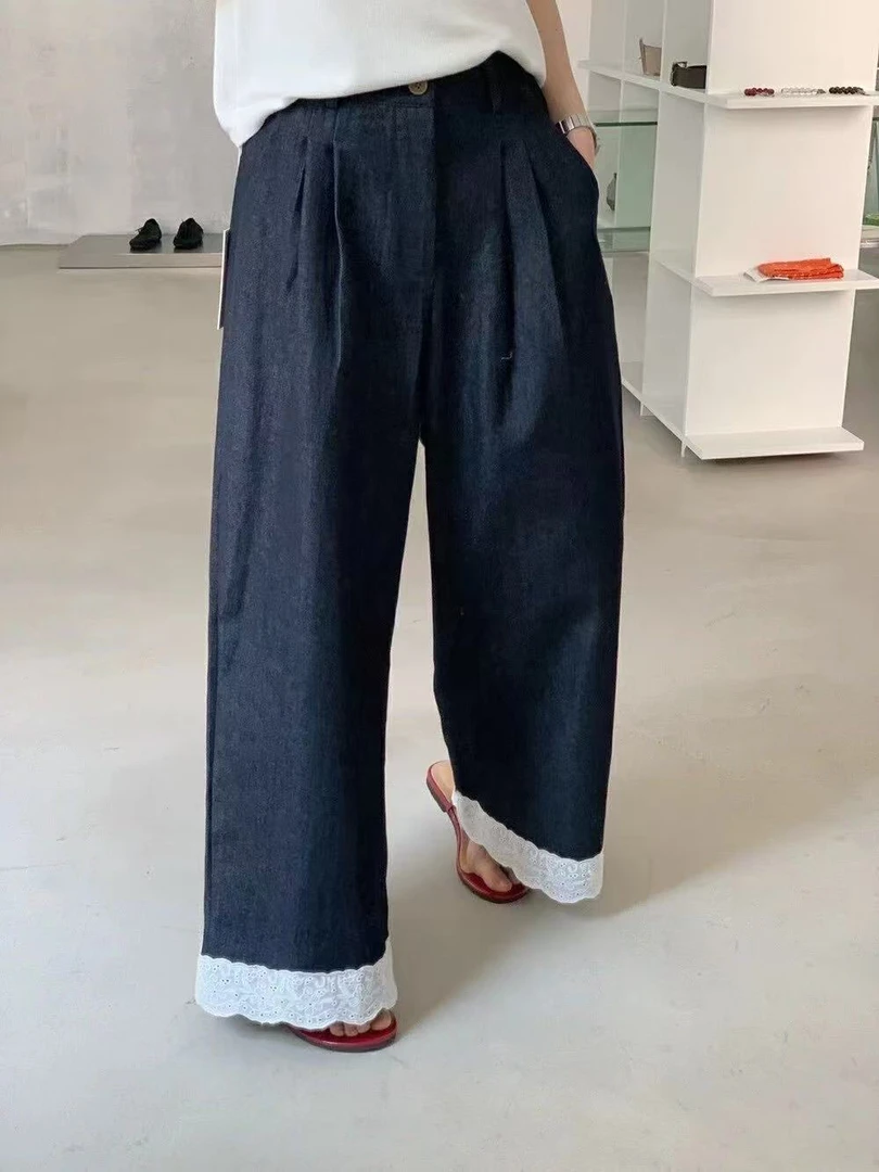复古蕾丝花边设计显高宽松阔腿牛仔九分裤春夏百搭裤子女