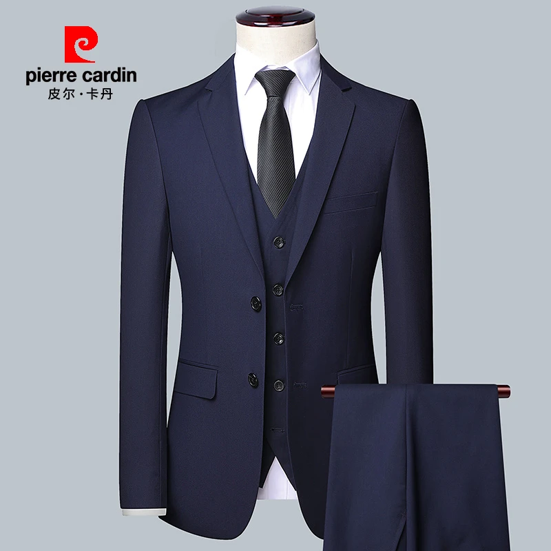 皮尔卡丹纯色单开叉西服套装职业西装婚礼宴会新郎伴郎正装三件套