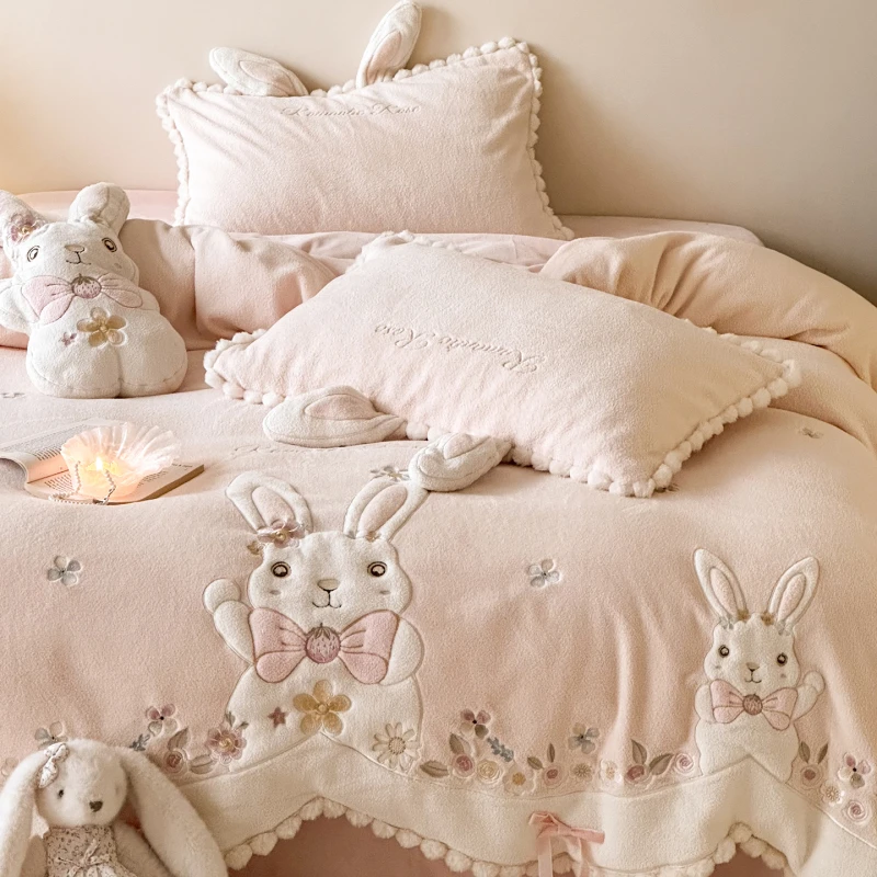 少女心冬季保暖牛奶绒四件套可爱兔子刺绣加厚珊瑚绒被套床上用品