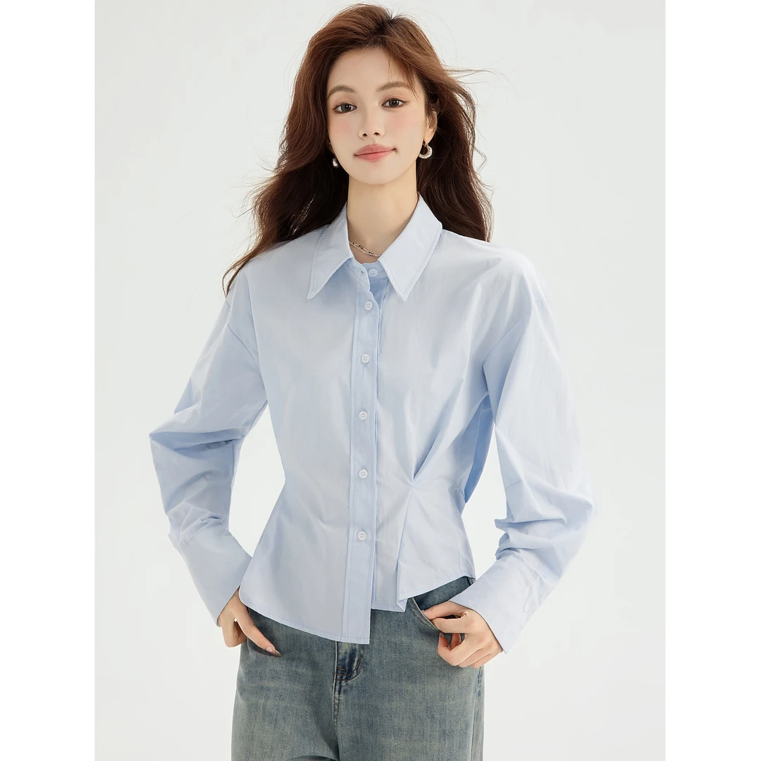 设计感褶皱短款衬衫女士2025春秋季新款独特别致宽松显瘦打底上衣