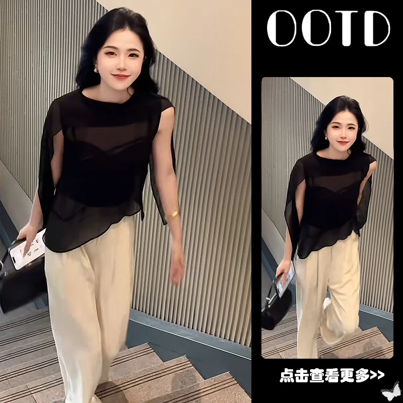 夏季流行穿搭一整套女2025新款韩版飘带无袖衬衫百搭阔腿裤两件套