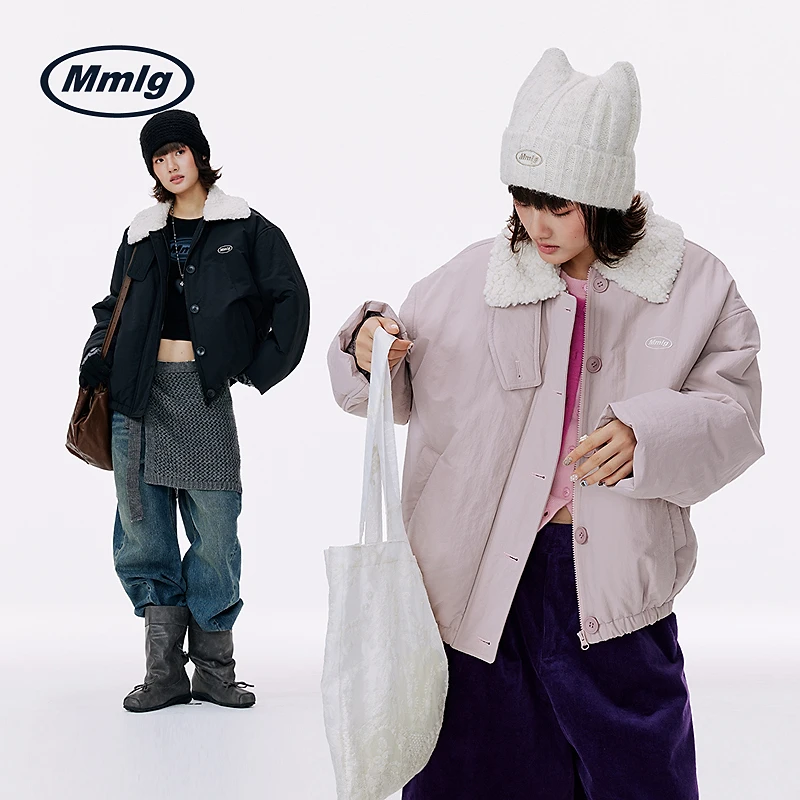 Mmlg女版经典翻领撞色短款棉衣2025冬季款夹克学院韩系百搭FQM016