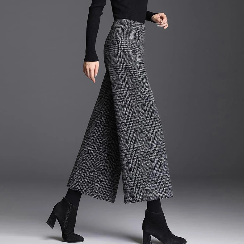九分毛呢格子阔腿裤女2025年秋冬新款高腰垂感显瘦加厚直筒裤子