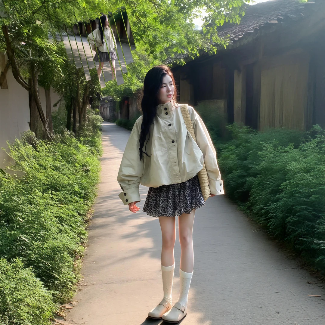 2025秋季新款小个子巨好看短款工装冲锋衣外套搭配碎花短裙套装女