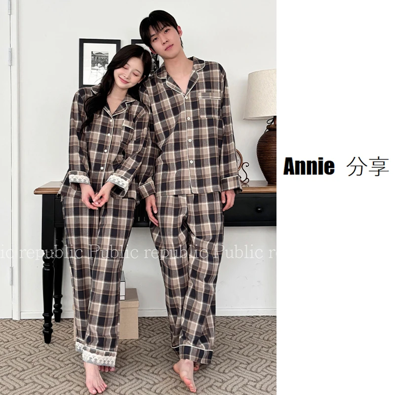 情侣款/韩国PB品牌/爆款时尚睡衣女/格子纯棉甜美家居套装