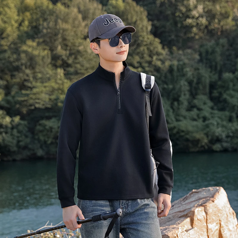 稻草人秋冬男士休闲卫衣高密织肌理棉纽扣圆领长袖落肩T恤宽松柔